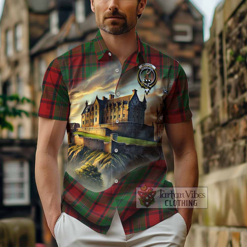 Tartan Vibes Clothing MacPhail (McPhail) Tartan Family Crest Short Sleeve Button Shirt with Scottish Ancient Castle Style