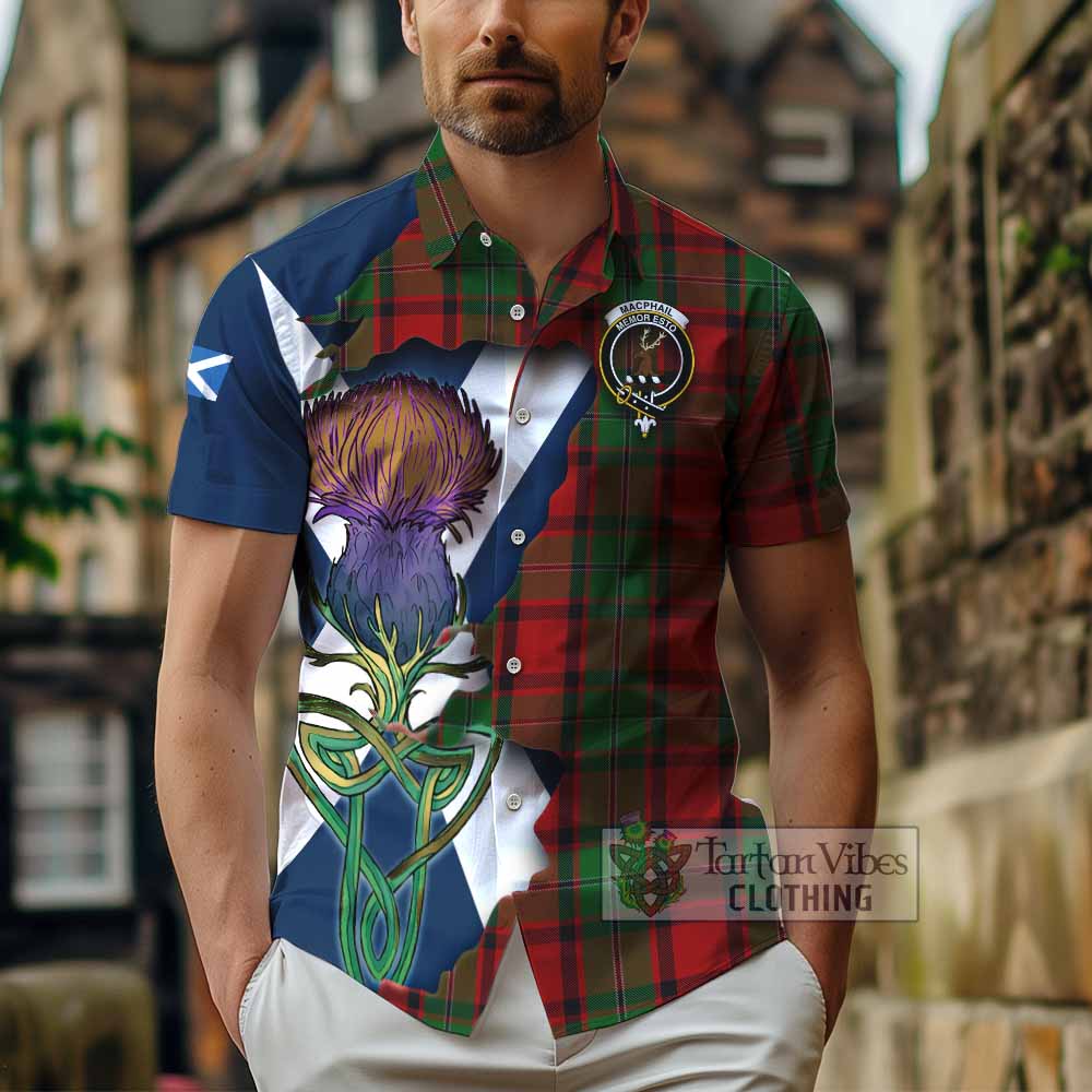 Tartan Vibes Clothing MacPhail (McPhail) Tartan Family Crest Short Sleeve Button Shirt Scottish Thistle Celtic Inspired
