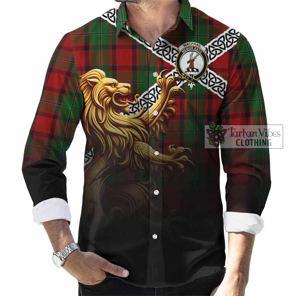 Tartan Vibes Clothing MacPhail (McPhail) Crest Tartan Long Sleeve Button Shirt with Golden Lion Emblem Celtic Style