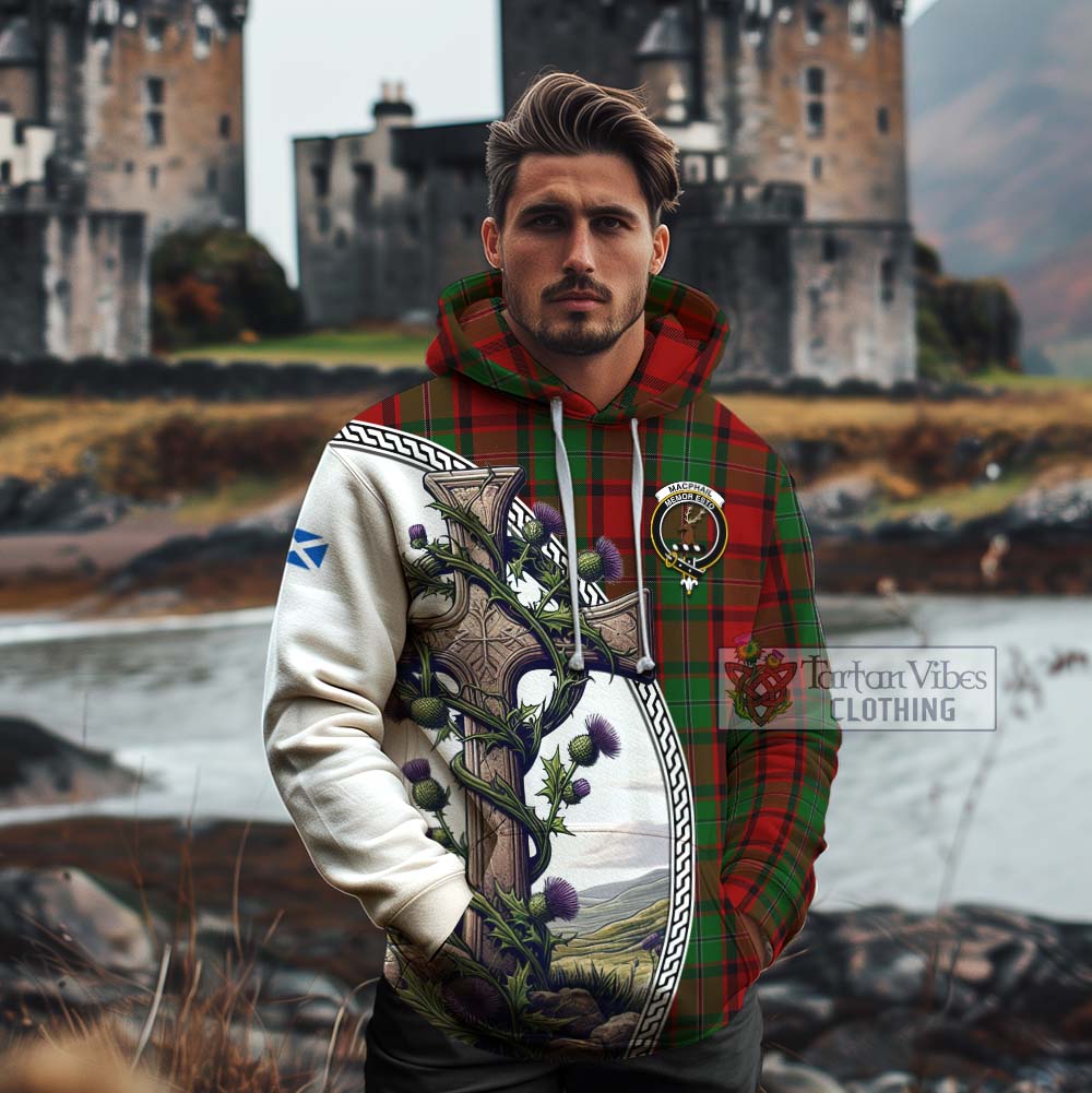 Tartan Vibes Clothing MacPhail (McPhail) Tartan Cotton Hoodie with Family Crest and St. Andrew's Cross Accented by Thistle Vines
