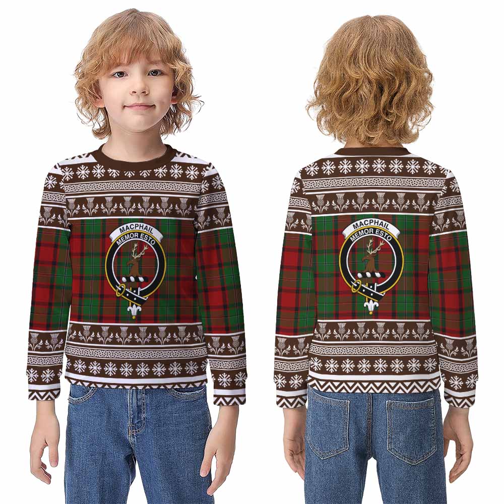 MacPhail (McPhail) Clan Tartan Christmas Kid Ugly Sweatshirt with Family Crest - Tartan Vibes Clothing