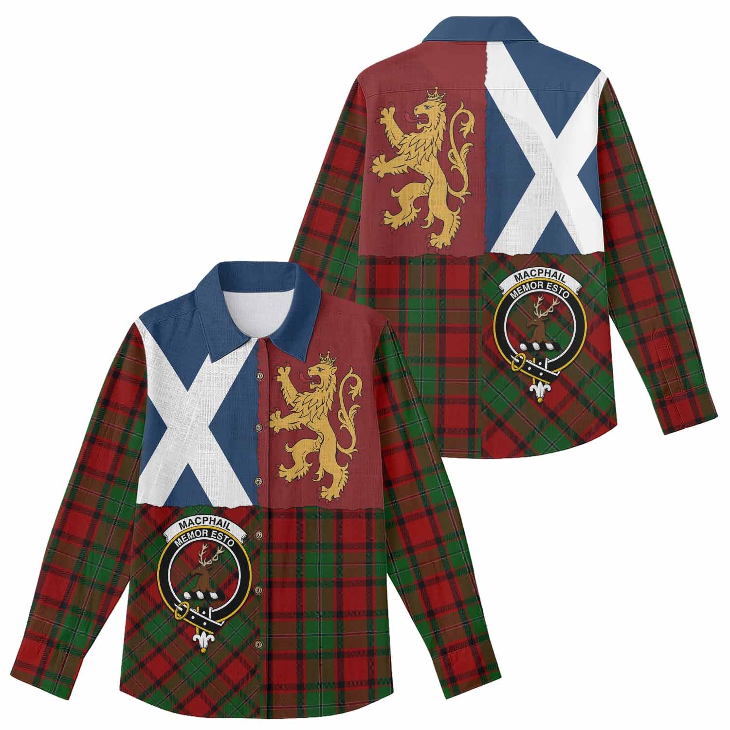 MacPhail (McPhail) Crest Tartan Women Casual Shirt with Lion Rampant Saltire Style
