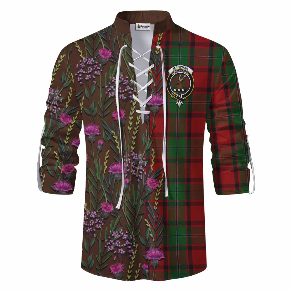 MacPhail (McPhail) Family Crest Tartan Ghillie Shirt Scottish Thistle Flower Pattern Half Style - Tartan Vibes Clothing