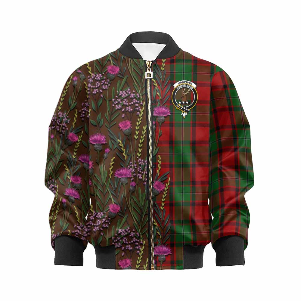 MacPhail (McPhail) Family Crest Tartan Kid Bomber Jacket Scottish Thistle Flower Pattern Half Style - Tartan Vibes Clothing