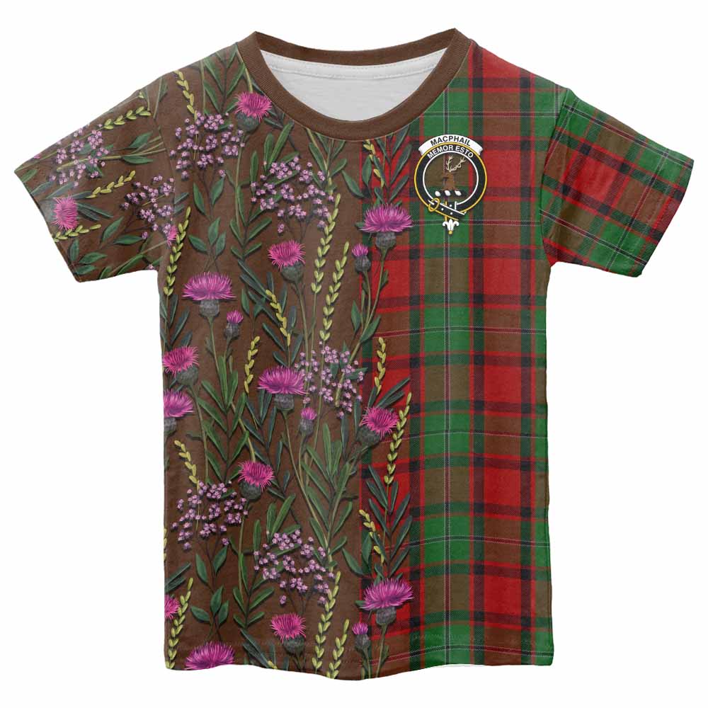 MacPhail (McPhail) Family Crest Tartan Kid T-shirt Scottish Thistle Flower Pattern Half Style - Tartan Vibes Clothing
