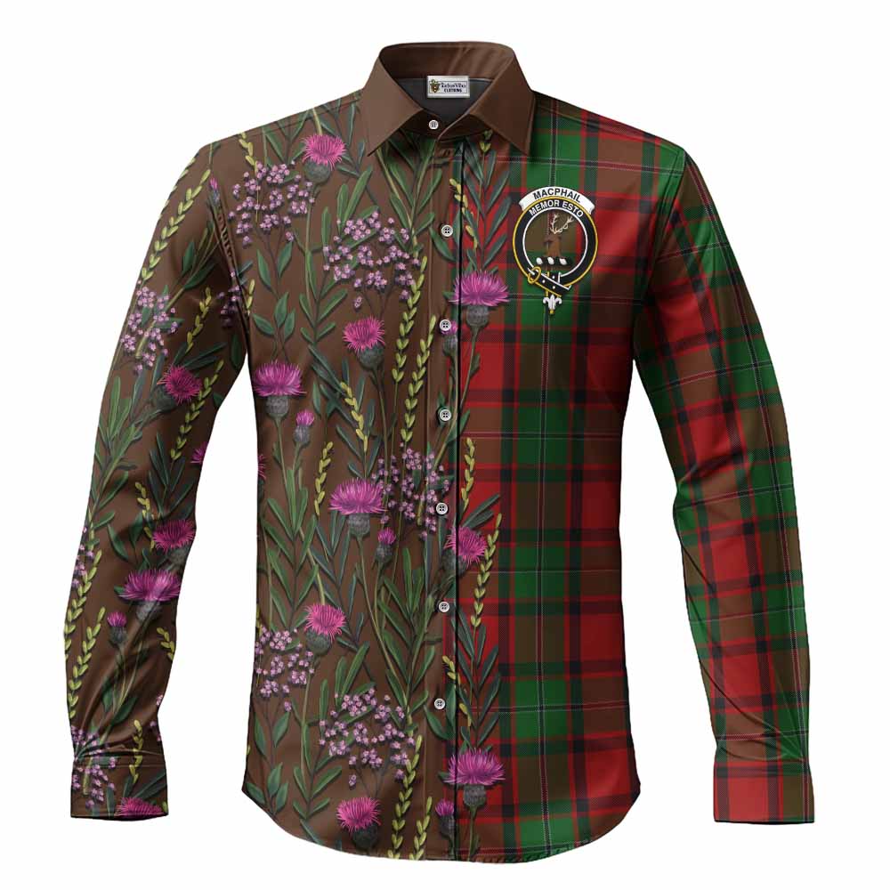 MacPhail (McPhail) Family Crest Tartan Long Sleeve Button Shirts Scottish Thistle Flower Pattern Half Style - Tartan Vibes Clothing