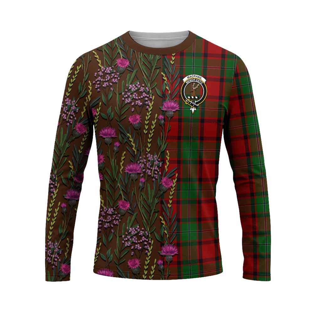 MacPhail (McPhail) Family Crest Tartan Long Sleeve T-Shirt Scottish Thistle Flower Pattern Half Style - Tartan Vibes Clothing