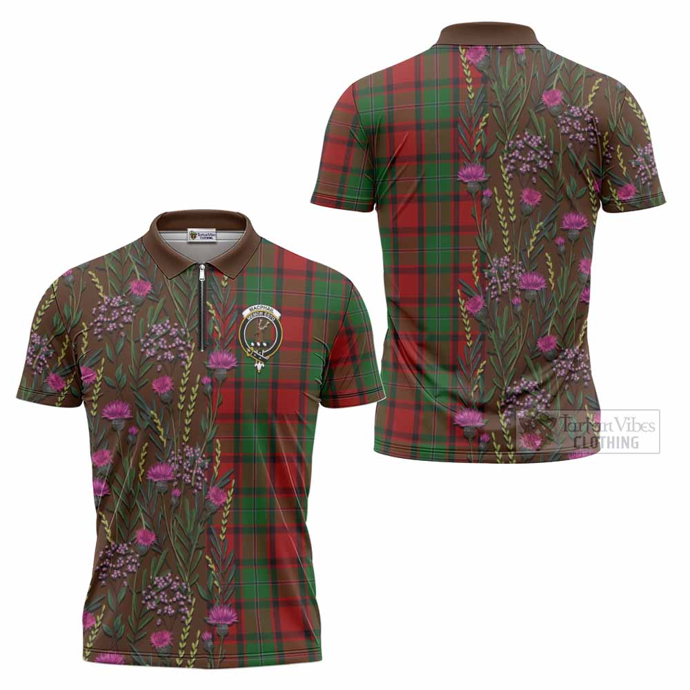 MacPhail (McPhail) Family Crest Tartan Zipper Polo Shirt Scottish Thistle Flower Pattern Half Style - Tartan Vibes Clothing