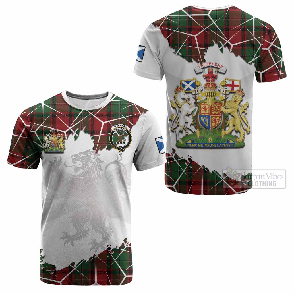 MacPhail (McPhail) Tartan Cotton T-shirt with Family Crest and Lion Rampant Grunge Style