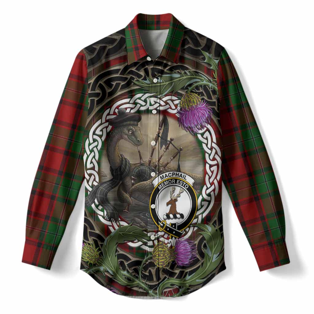 MacPhail (McPhail) Tartan Crest Bagpipe Nessie Women Casual Shirt Scottish Loch Ness Monster Celtic Thistle