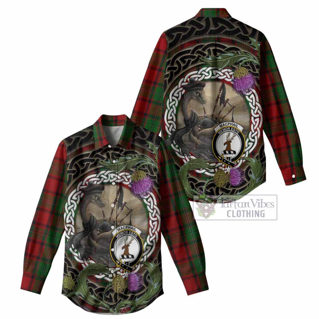 MacPhail (McPhail) Tartan Crest Bagpipe Nessie Women Casual Shirt Scottish Loch Ness Monster Celtic Thistle