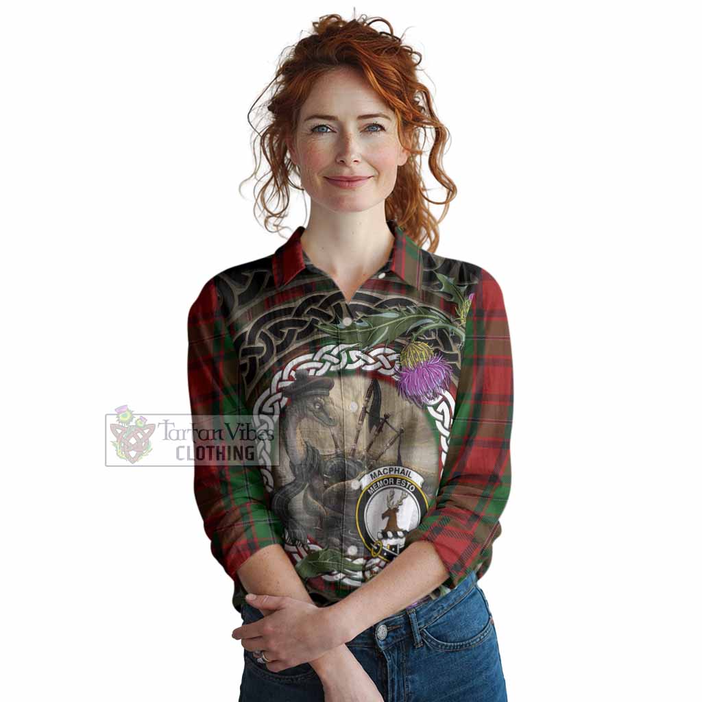 MacPhail (McPhail) Tartan Crest Bagpipe Nessie Women Casual Shirt Scottish Loch Ness Monster Celtic Thistle