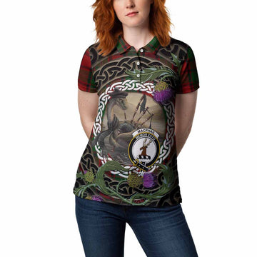 MacPhail (McPhail) Tartan Crest Bagpipe Nessie Women Polo Shirt Scottish Loch Ness Monster Celtic Thistle