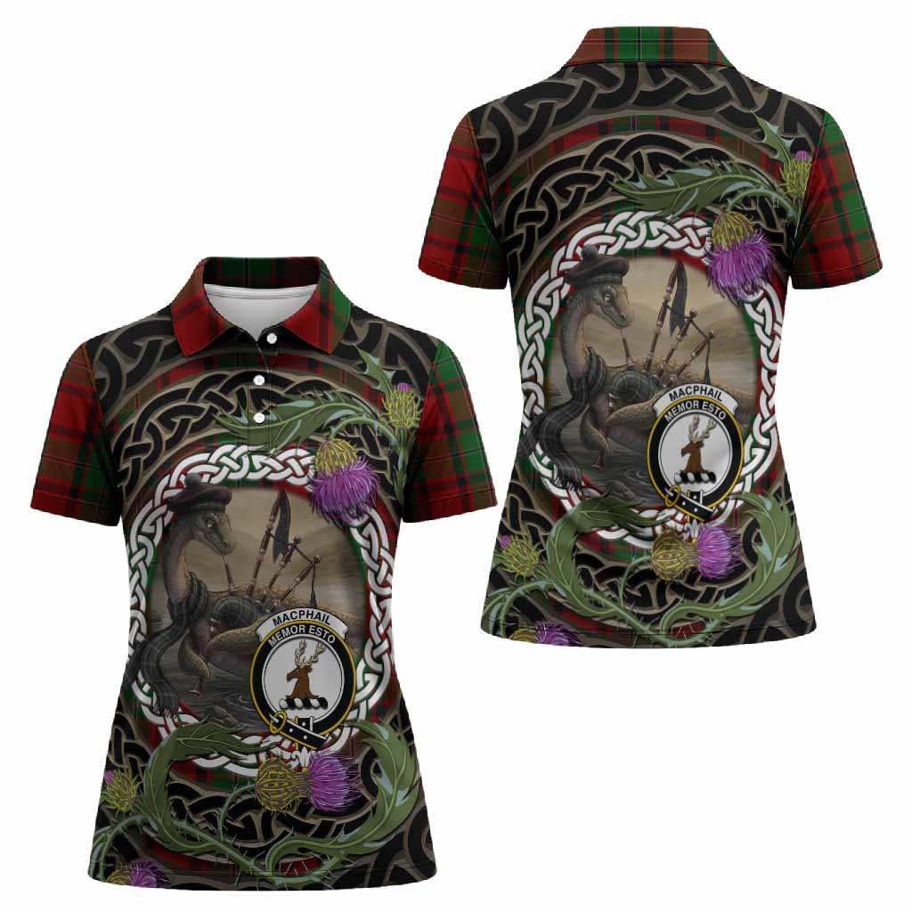 MacPhail (McPhail) Tartan Crest Bagpipe Nessie Women Polo Shirt Scottish Loch Ness Monster Celtic Thistle
