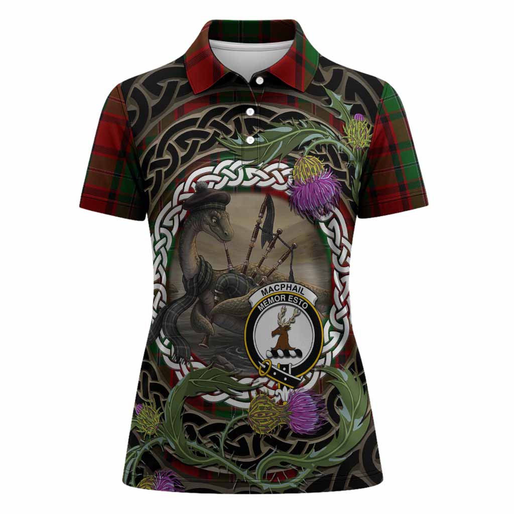 MacPhail (McPhail) Tartan Crest Bagpipe Nessie Women Polo Shirt Scottish Loch Ness Monster Celtic Thistle