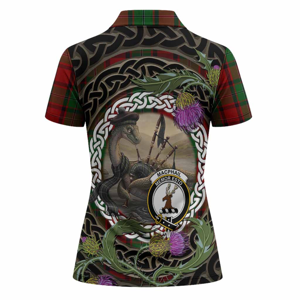 MacPhail (McPhail) Tartan Crest Bagpipe Nessie Women Polo Shirt Scottish Loch Ness Monster Celtic Thistle