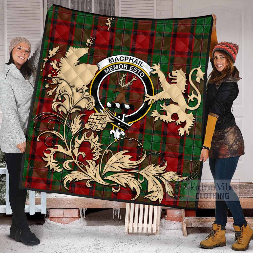 MacPhail (McPhail) Tartan Crest Premium Quilt with Scottish Iconic Symbols 