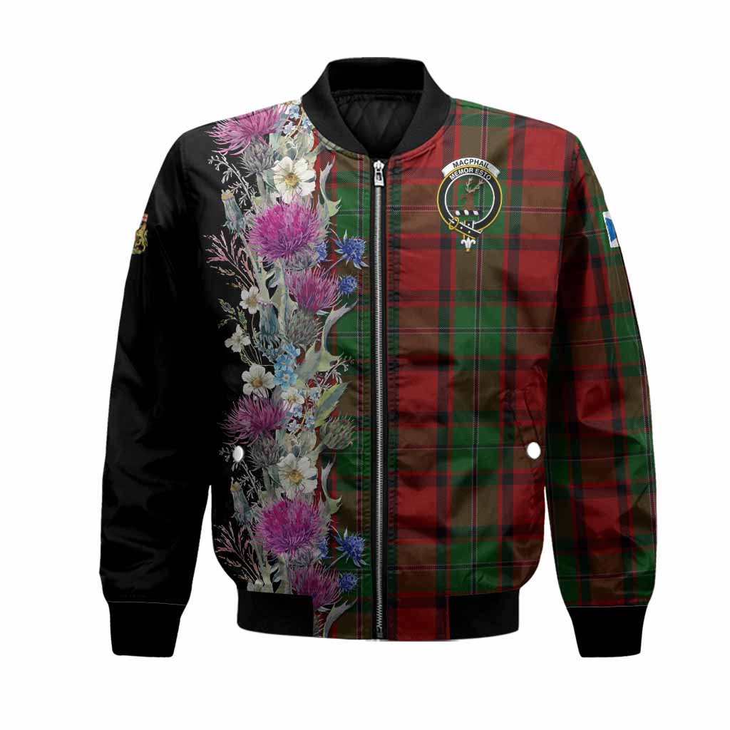MacPhail (McPhail) Tartan Crest Thistle Floral Bomber Jacket Unisex Black - Tartan Vibes Clothing