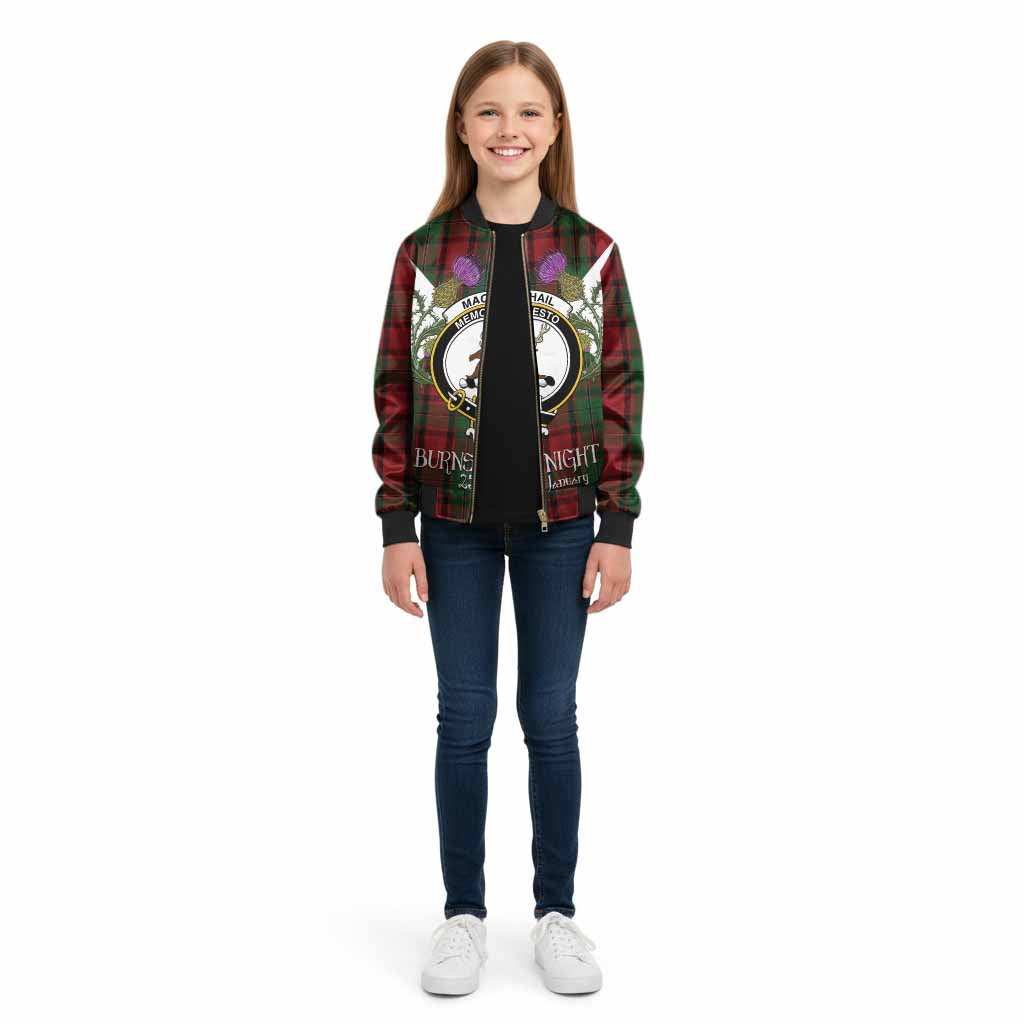 MacPhail (McPhail) Tartan Family Crest Kid Bomber Jacket Scottish Burns Night Thistle Floral