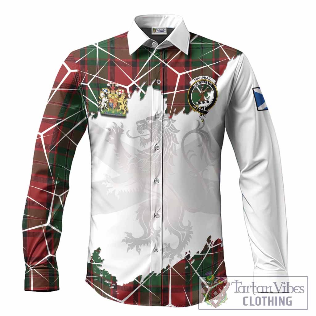 MacPhail (McPhail) Tartan Long Sleeve Button Shirts with Family Crest and Lion Rampant Grunge Style