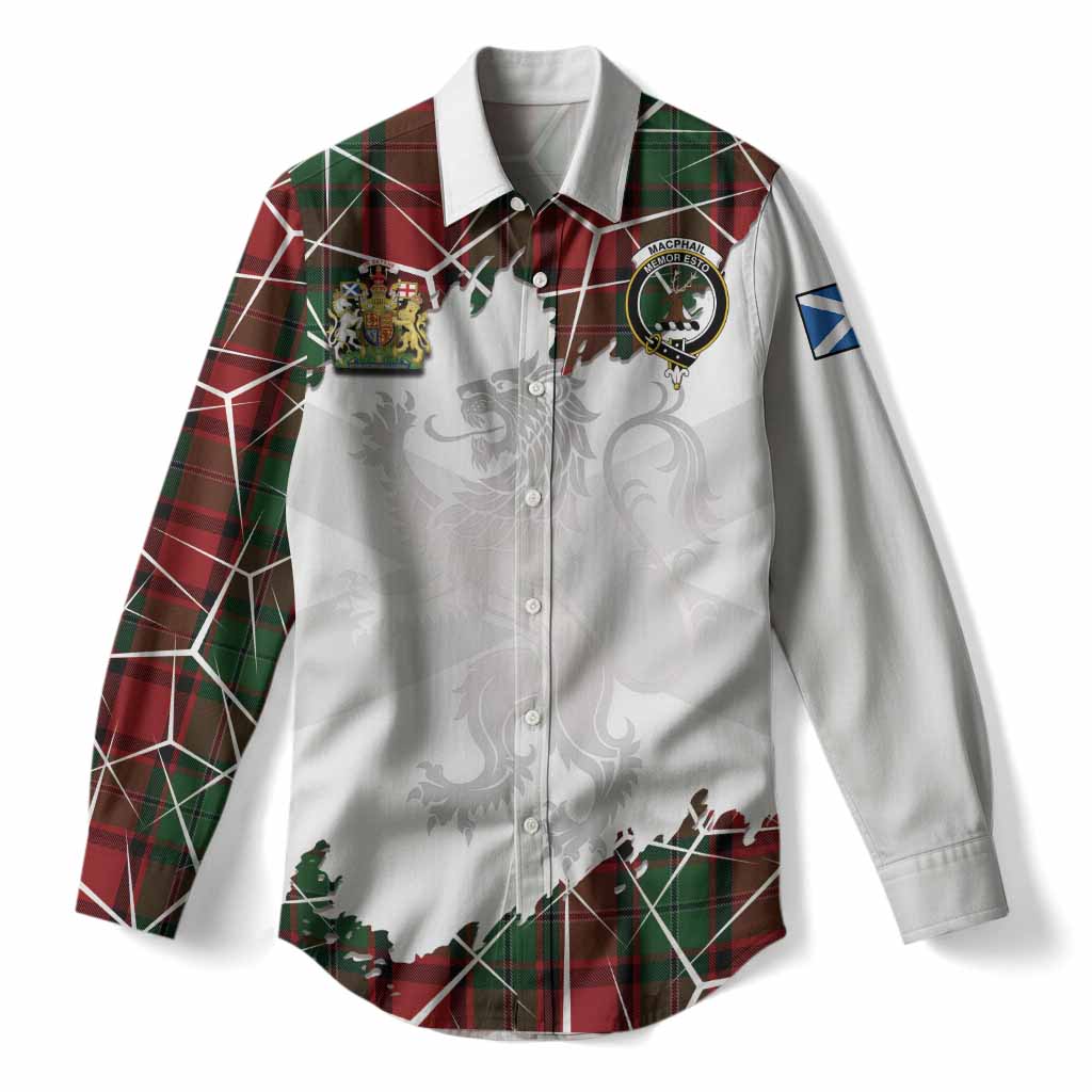 MacPhail (McPhail) Tartan Women Casual Shirt with Family Crest and Lion Rampant Grunge Style