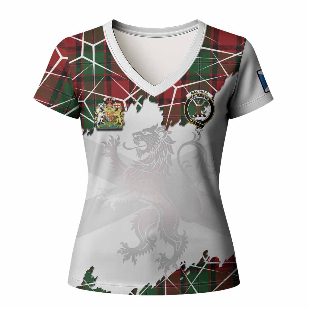 MacPhail (McPhail) Tartan Women T shirt with Family Crest and Lion Rampant Grunge Style