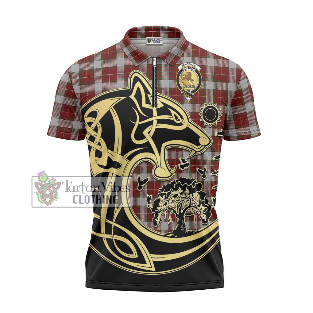 MacPhee Dress Tartan Zipper Polo Shirt with Family Crest Celtic Wolf Style - Tartan Vibes Clothing