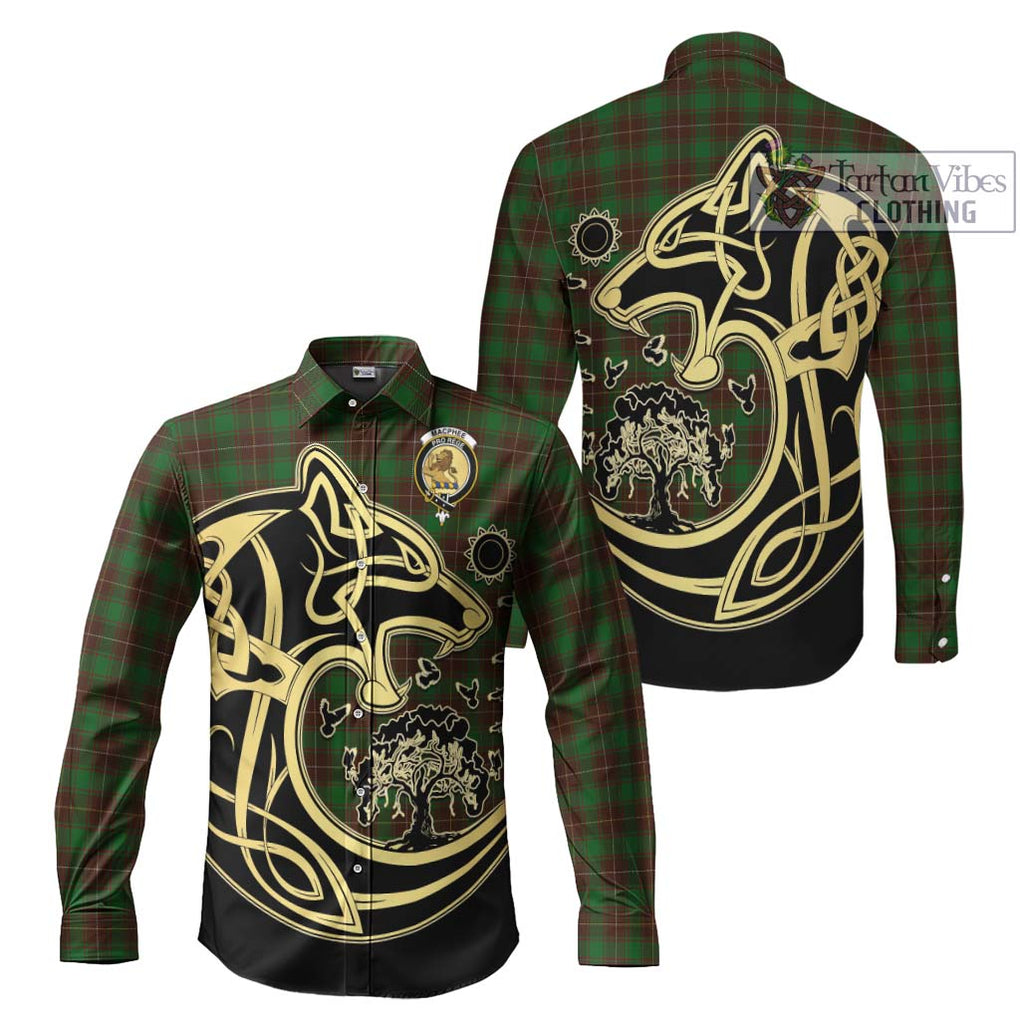 MacPhee Hunting Tartan Long Sleeve Button Shirt with Family Crest Celtic Wolf Style Men's Shirt S - Tartan Vibes Clothing