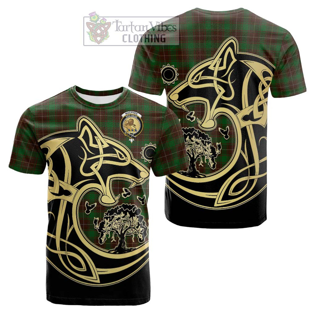 Tartan Vibes Clothing MacPhee Hunting Tartan Cotton T-shirt with Family Crest Celtic Wolf Style