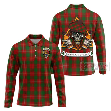 MacPhee (McPhee) Tartan Long Sleeve Polo Shirt with Family Crest and Bearded Skull Holding Bottles of Whiskey Unisex - Tartan Vibes Clothing