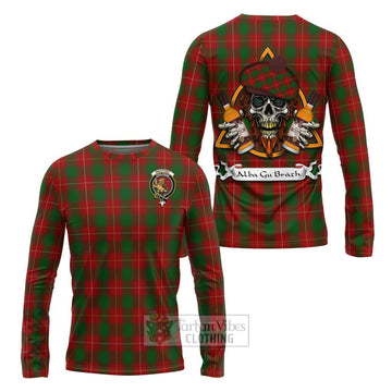 MacPhee (McPhee) Tartan Long Sleeve T-Shirt with Family Crest and Bearded Skull Holding Bottles of Whiskey Unisex - Tartan Vibes Clothing