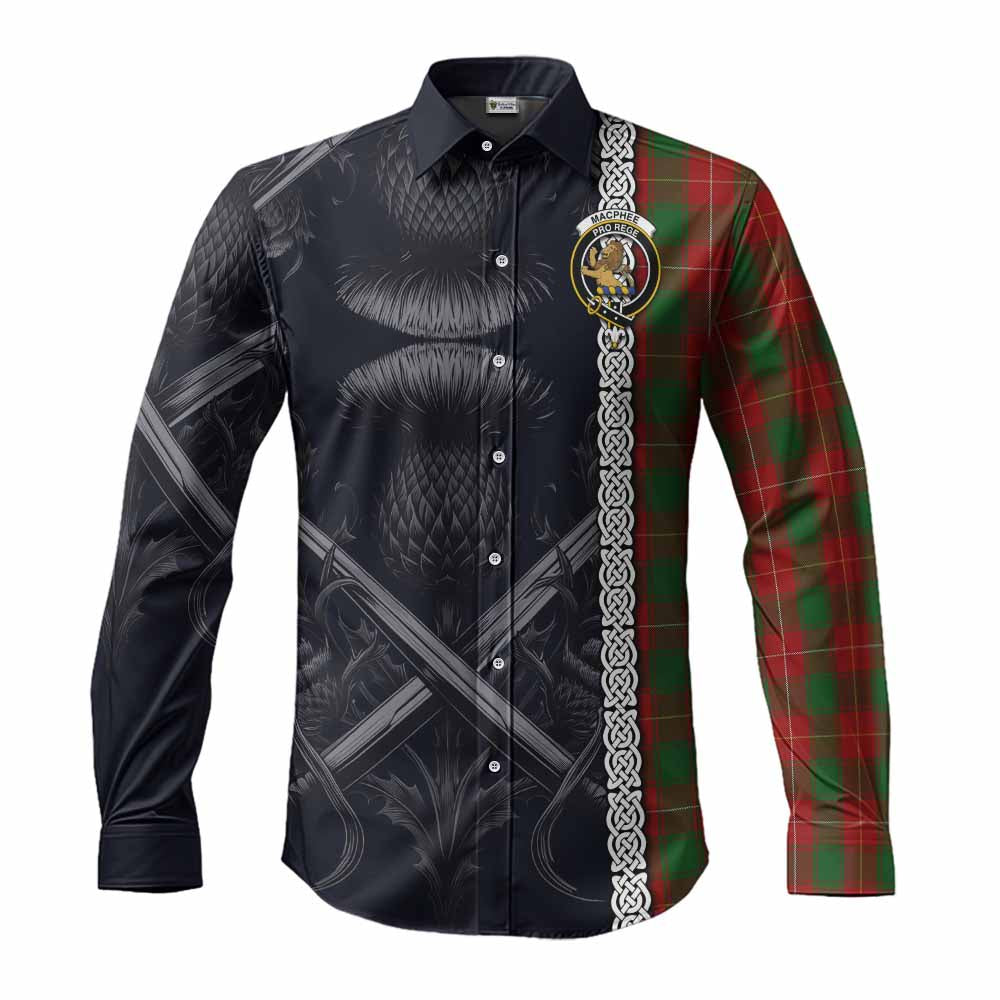 Tartan Vibes Clothing MacPhee (McPhee) Tartan Long Sleeve Button Shirt with Family Crest Cross Sword Thistle Celtic Vibes