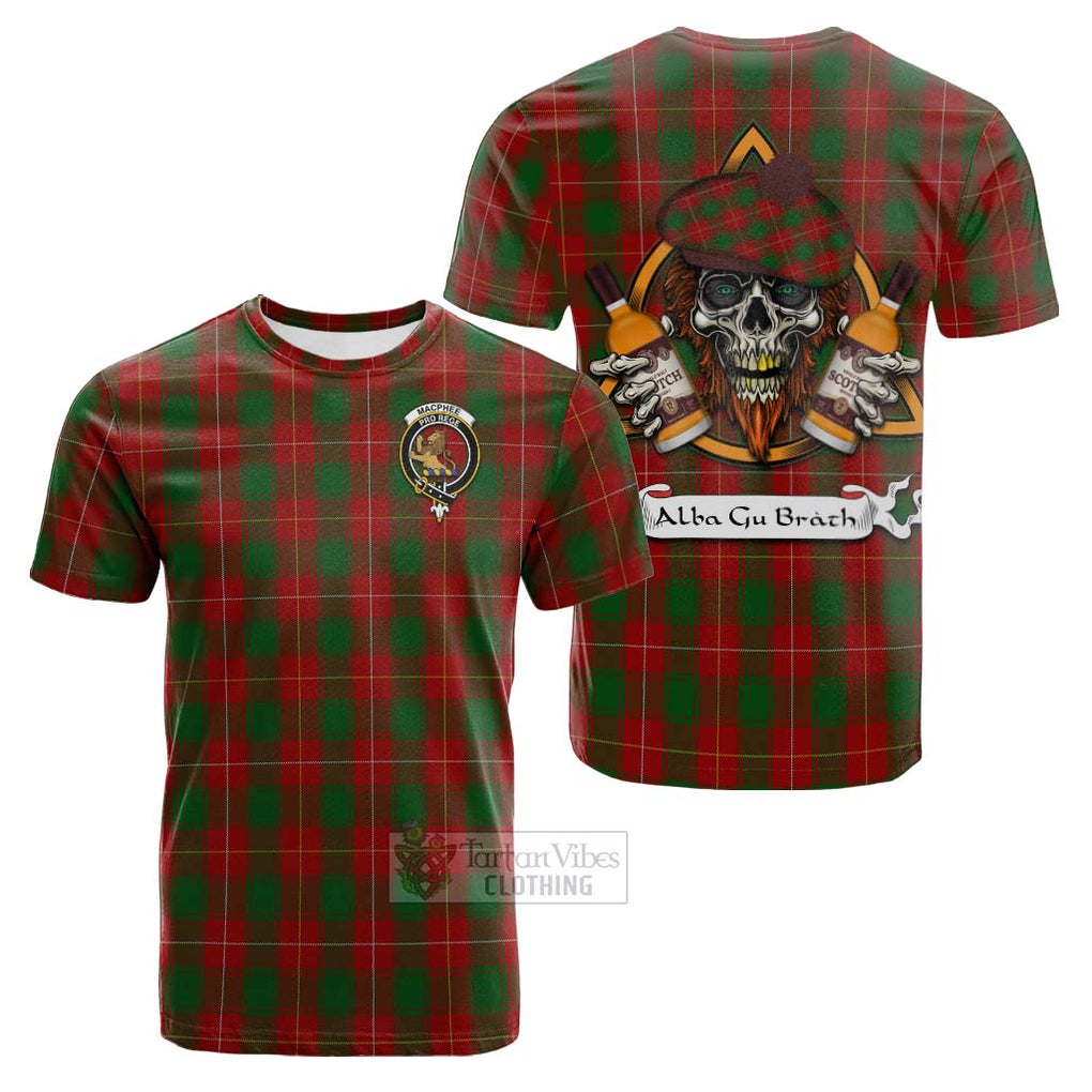 Tartan Vibes Clothing MacPhee (McPhee) Tartan Cotton T-shirt with Family Crest and Bearded Skull Holding Bottles of Whiskey