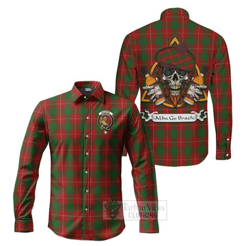 MacPhee (McPhee) Tartan Long Sleeve Button Shirt with Family Crest and Bearded Skull Holding Bottles of Whiskey Men's Shirt S - Tartan Vibes Clothing