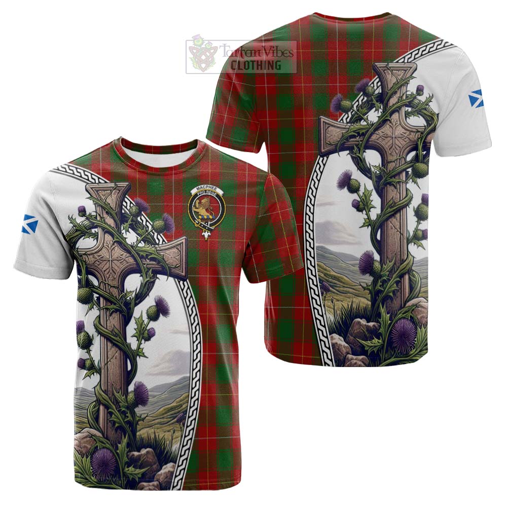 Tartan Vibes Clothing MacPhee (McPhee) Tartan Cotton T-shirt with Family Crest and St. Andrew's Cross Accented by Thistle Vines