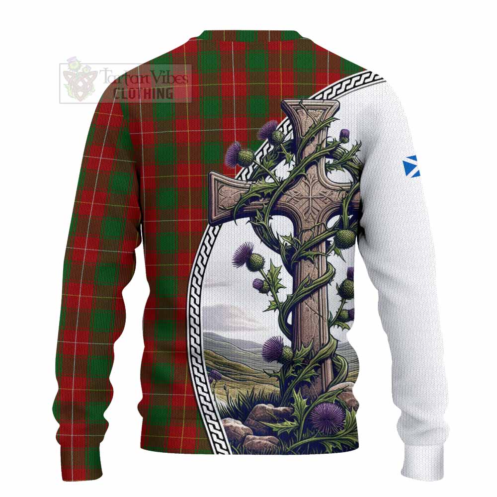 MacPhee (McPhee) Tartan Knitted Sweater with Family Crest and St. Andrew's Cross Accented by Thistle Vines - Tartan Vibes Clothing
