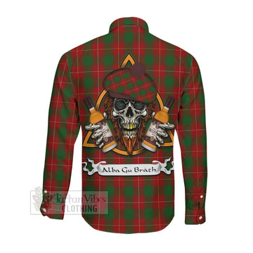 MacPhee (McPhee) Tartan Long Sleeve Button Shirt with Family Crest and Bearded Skull Holding Bottles of Whiskey Men's Shirt - Tartan Vibes Clothing