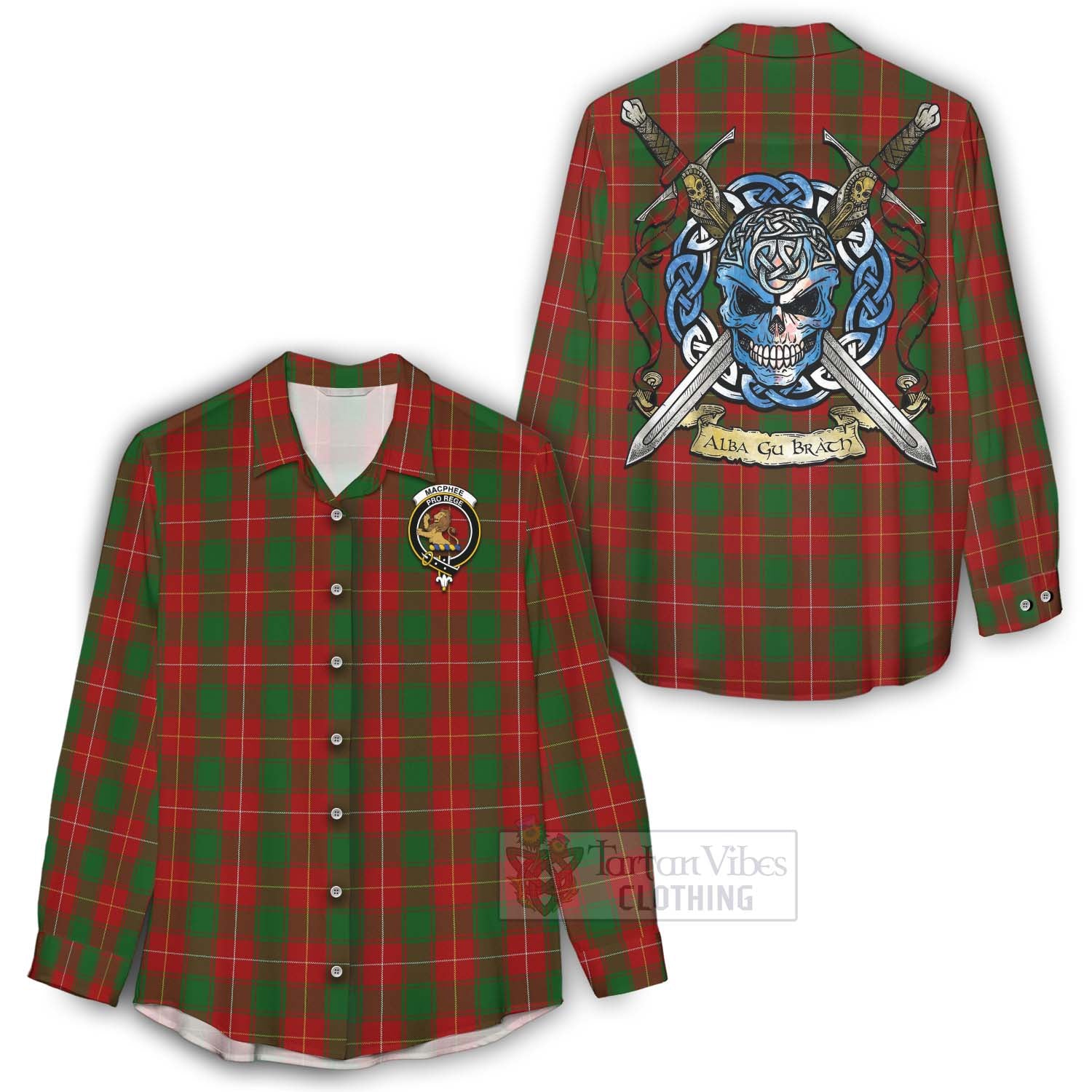 MacPhee (McPhee) Tartan Women's Casual Shirt with Family Crest Celtic Skull Style - Tartan Vibes Clothing