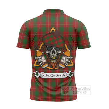 MacPhee (McPhee) Tartan Zipper Polo Shirt with Family Crest and Bearded Skull Holding Bottles of Whiskey - Tartan Vibes Clothing