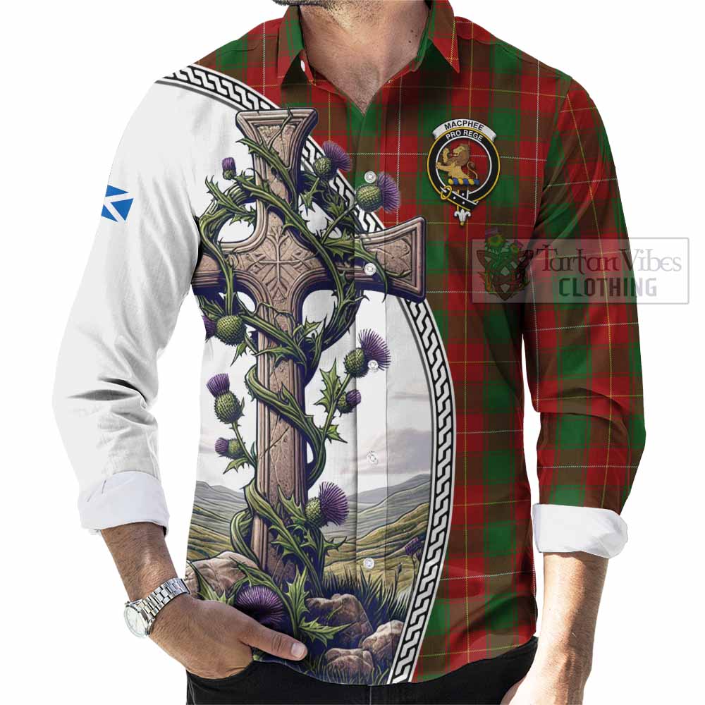 MacPhee (McPhee) Tartan Long Sleeve Button Shirt with Family Crest and St. Andrew's Cross Accented by Thistle Vines - Tartan Vibes Clothing