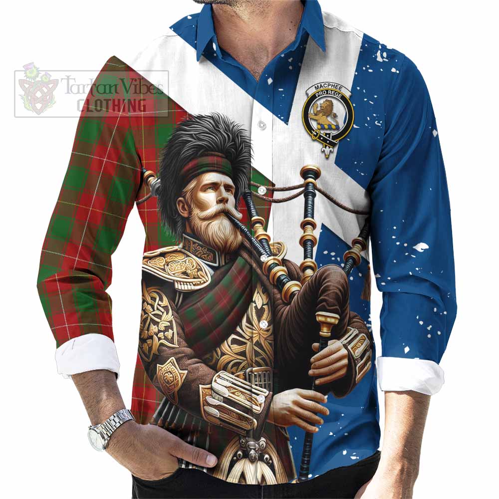 MacPhee (McPhee) Tartan Long Sleeve Button Shirt with Family Crest Scottish Bagpiper Vibes - Tartan Vibes Clothing