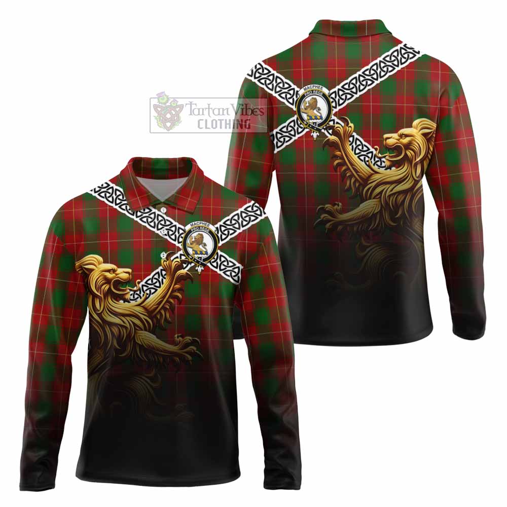 MacPhee (McPhee) Crest Tartan Long Sleeve Polo Shirt with Golden Lion Emblem Celtic Style - Tartan Vibes Clothing