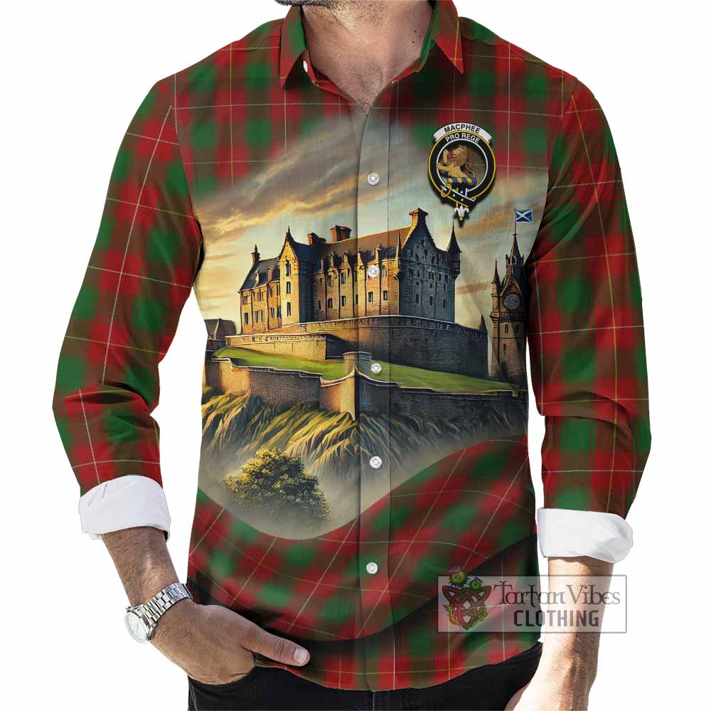 Tartan Vibes Clothing MacPhee (McPhee) Tartan Family Crest Long Sleeve Button Shirt with Scottish Ancient Castle Style