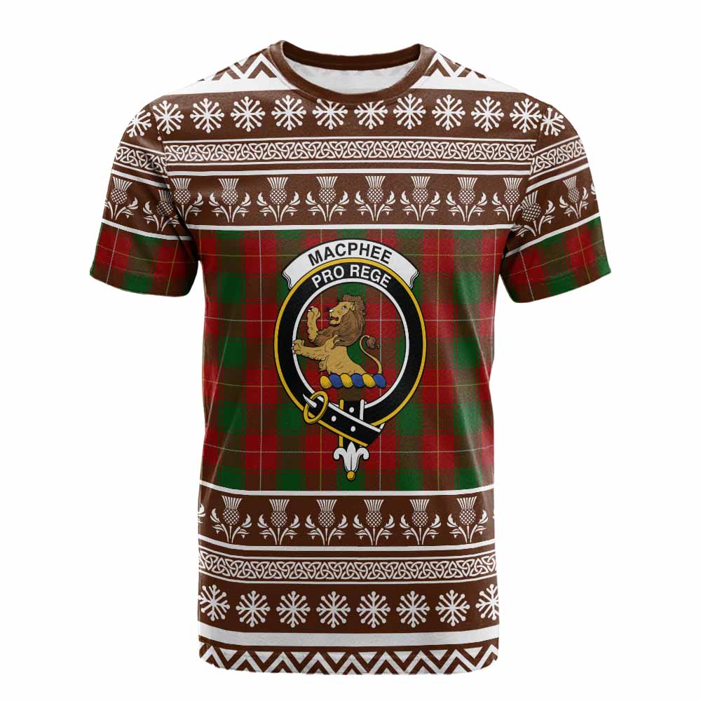MacPhee (McPhee) Clan Tartan Christmas Cotton T-shirt with Family Crest - Tartan Vibes Clothing
