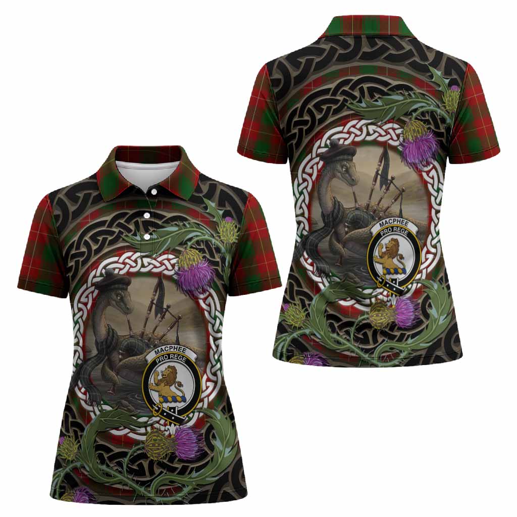MacPhee (McPhee) Tartan Crest Bagpipe Nessie Women Polo Shirt Scottish Loch Ness Monster Celtic Thistle