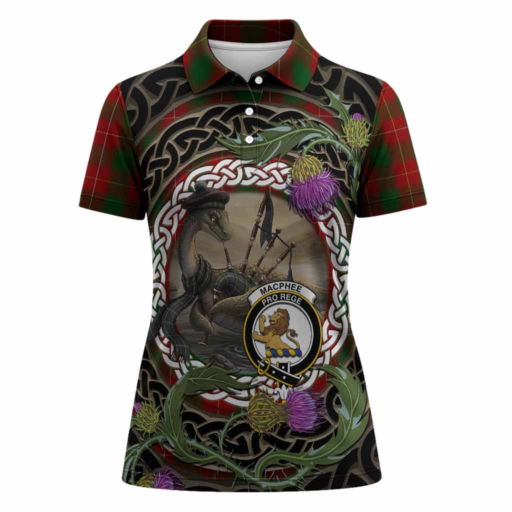 MacPhee (McPhee) Tartan Crest Bagpipe Nessie Women Polo Shirt Scottish Loch Ness Monster Celtic Thistle
