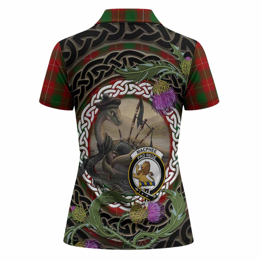 MacPhee (McPhee) Tartan Crest Bagpipe Nessie Women Polo Shirt Scottish Loch Ness Monster Celtic Thistle
