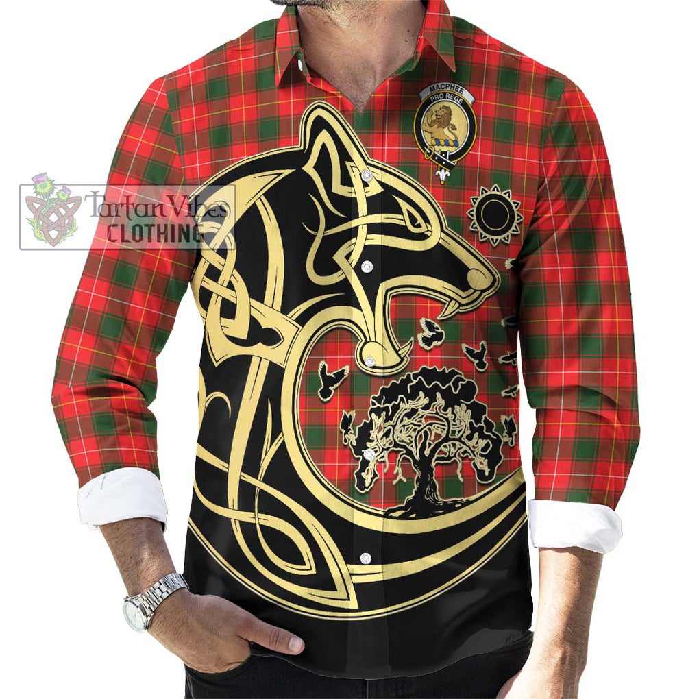 MacPhee Modern Tartan Long Sleeve Button Shirt with Family Crest Celtic Wolf Style - Tartan Vibes Clothing