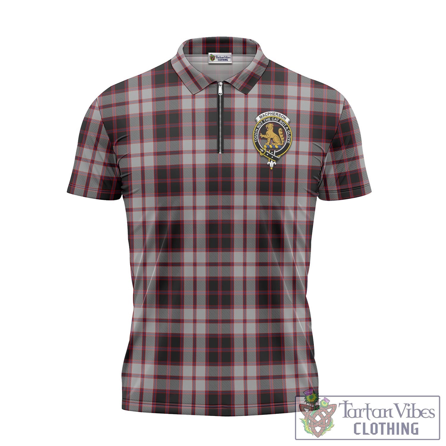 Tartan Vibes Clothing MacPherson Tartan Zipper Polo Shirt with Family Crest