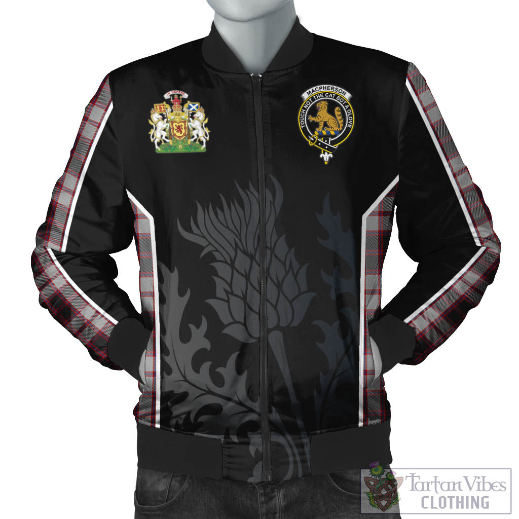 Tartan Vibes Clothing MacPherson Tartan Bomber Jacket with Family Crest and Scottish Thistle Vibes Sport Style